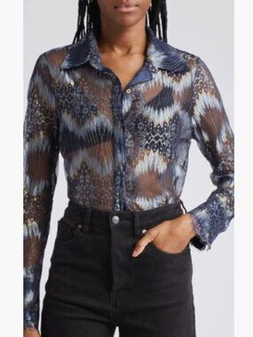 Ramy Brook Nora Print Metallic Sheer Blouse in Navy Lurex Chevron Lace large